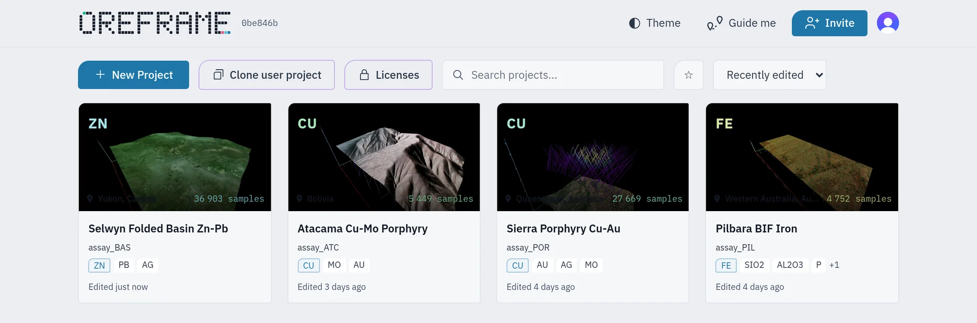 The Oreframe project list: four studies side by side, each with its 3D view over satellite terrain as its picture. Selwyn Folded Basin Zn-Pb in the Yukon with 36 903 samples, Atacama Cu-Mo Porphyry in Bolivia with 5 449, Sierra Porphyry Cu-Au in Queensland with 27 669, and Pilbara BIF Iron in Western Australia with 4 752, each tagged with the grades it carries.