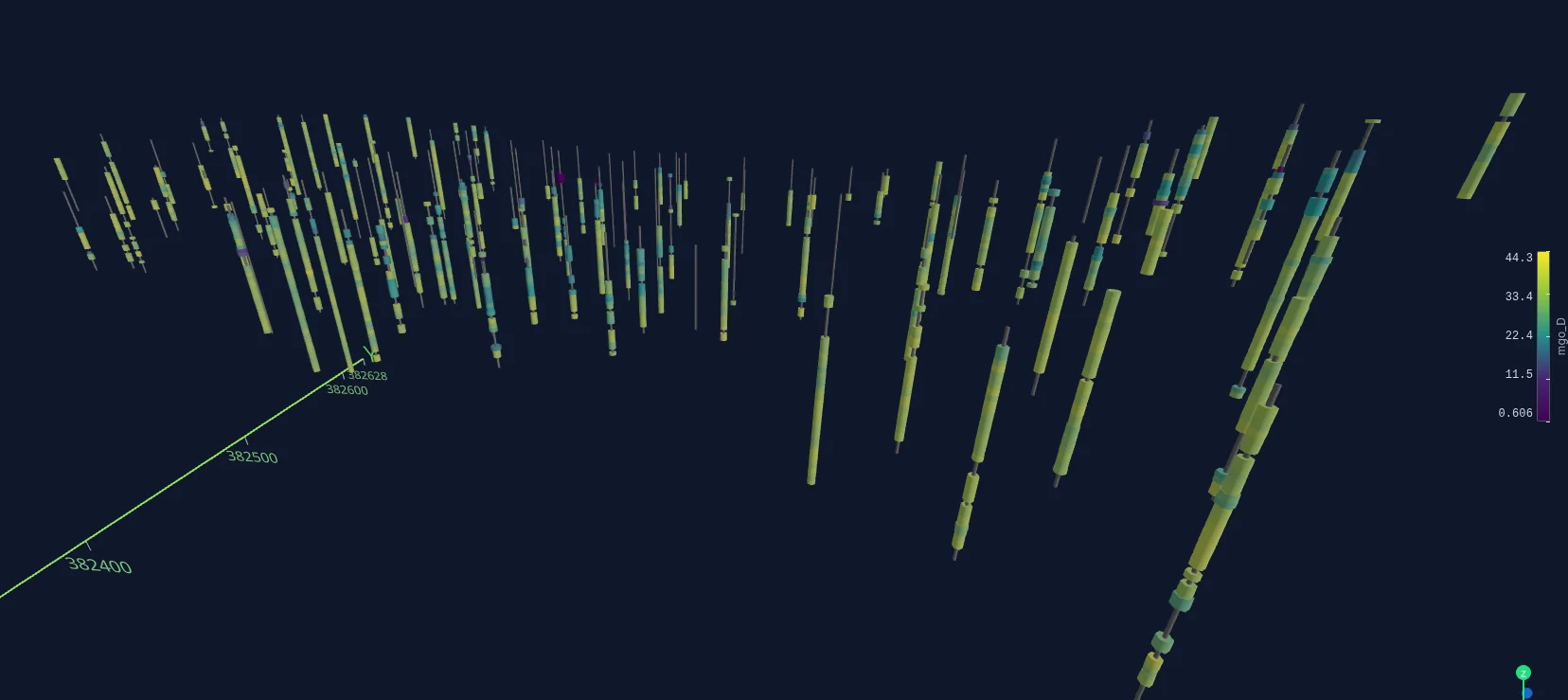 Drillhole traces rendered as tubes whose colour follows the assayed grade along each hole.