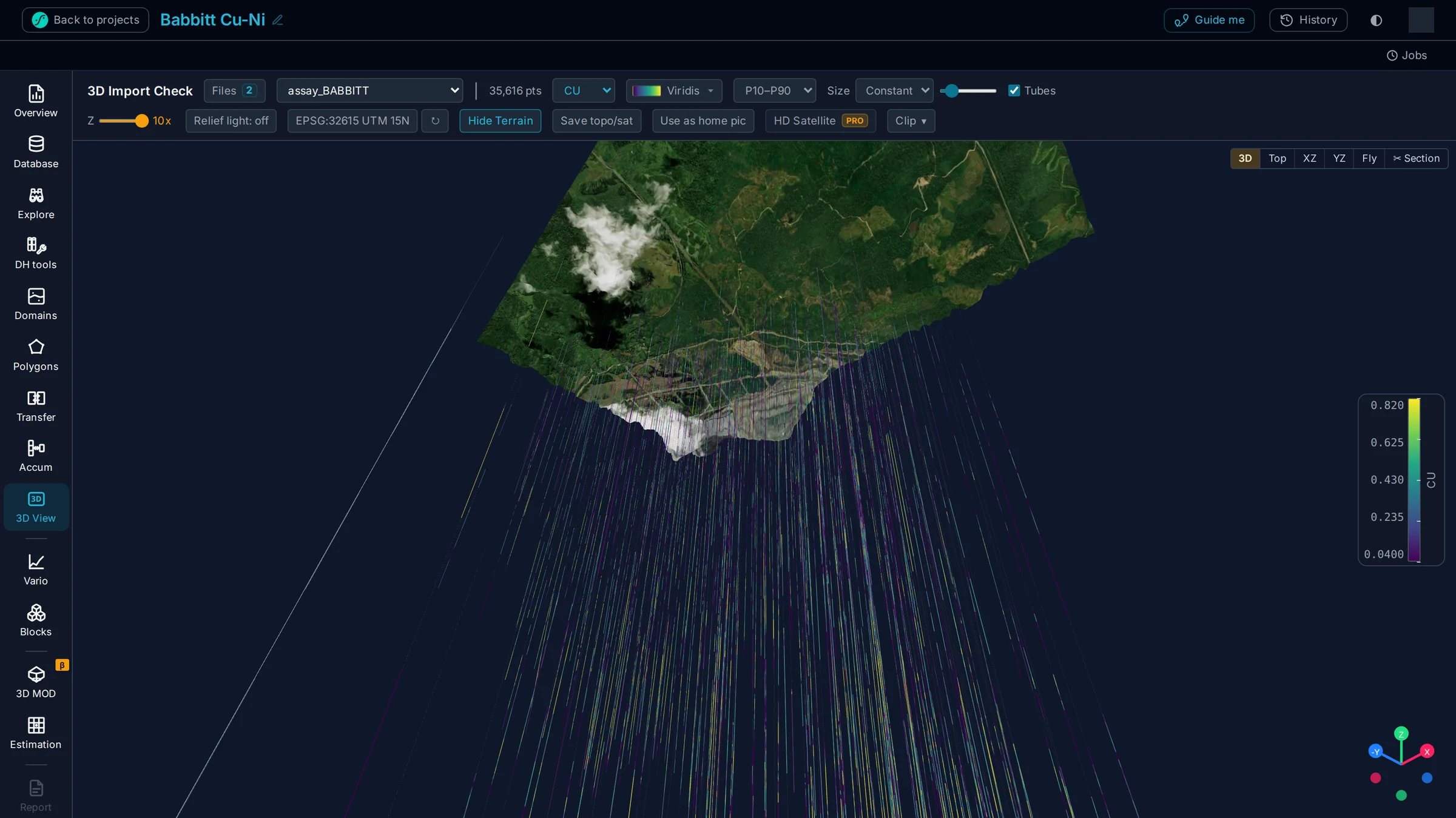 The deposit's topography with satellite imagery draped over it, at the project's real coordinates.